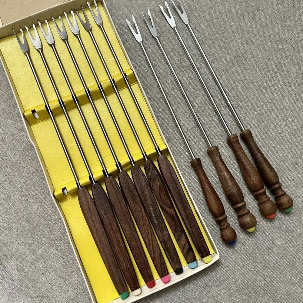 VTG MCM Teak Handle Stainless Fondue Forks Original Box 11 Pcs Made In Japan EXC